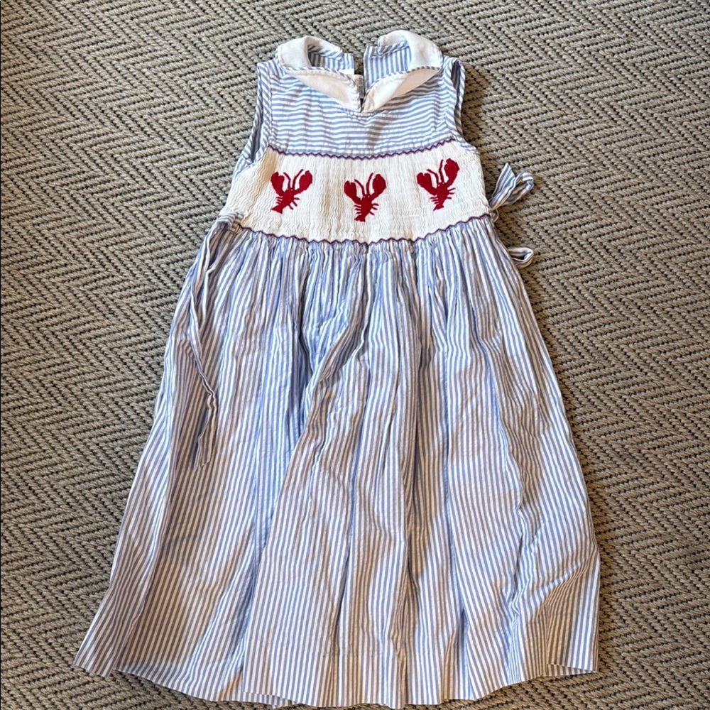 Blue & White Striped Kids Dress with Red Lobster Smocking